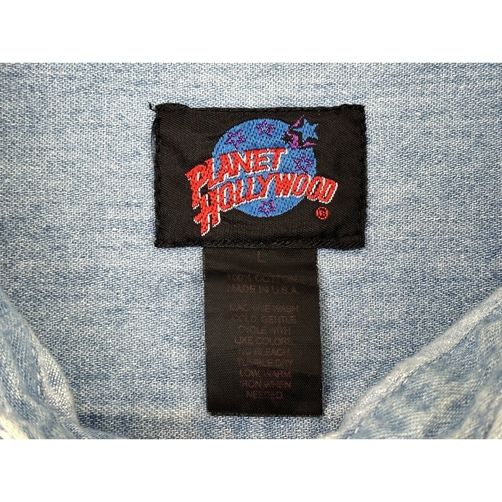 Vintage 90s Planet Hollywood Orlando Blue Denim Shirt Mens L Made in USA - Picture 5 of 6